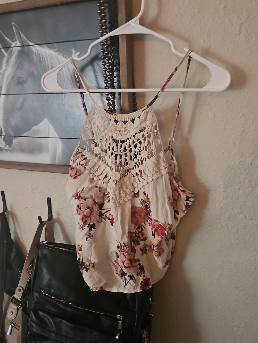 Rue21 Cream Crochet Yoke Floral Cami with Pink Rose Print
